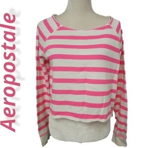 AEROPOSTALE Crop Wide Neck Slouch Cotton Terry Sweatshirt Hot Pink White Stripe